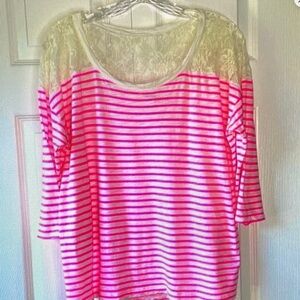 Pink & White Striped Lace Yoke Top